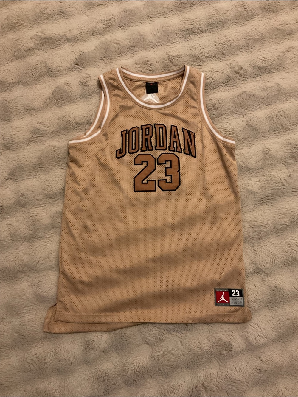 Jordan Mesh Basketball Jersey in Tan and White with Red Jumpman